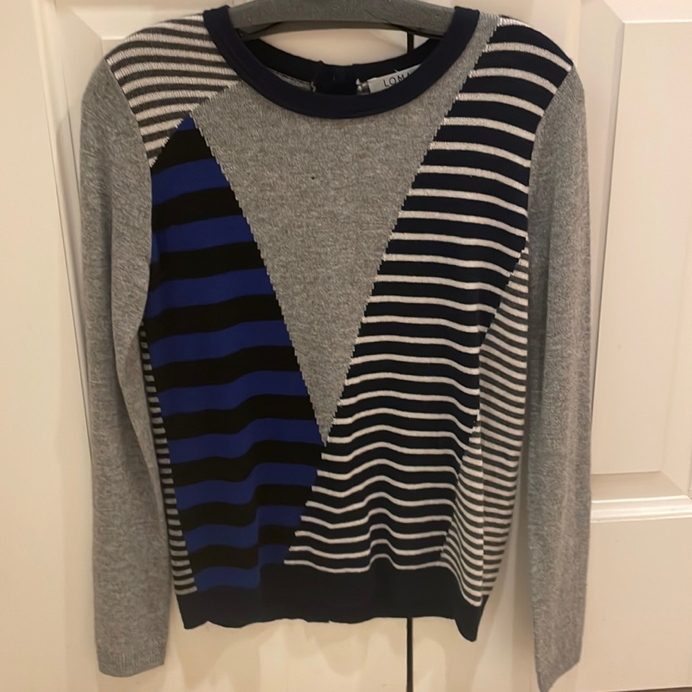 Striped pattern grey blue and black sweater with button back